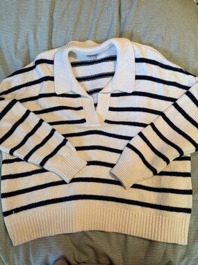 Madewell Cream and Navy Striped Polo Sweater